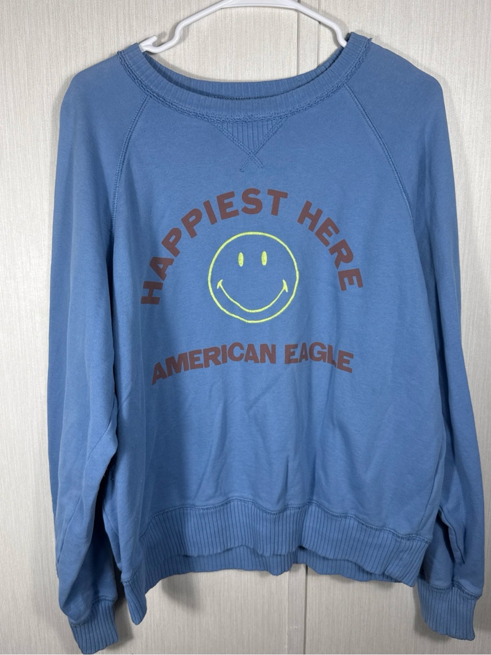 American Eagle M Womens Funday Seriously Lived In Sweatshirt Blue Smiley Face